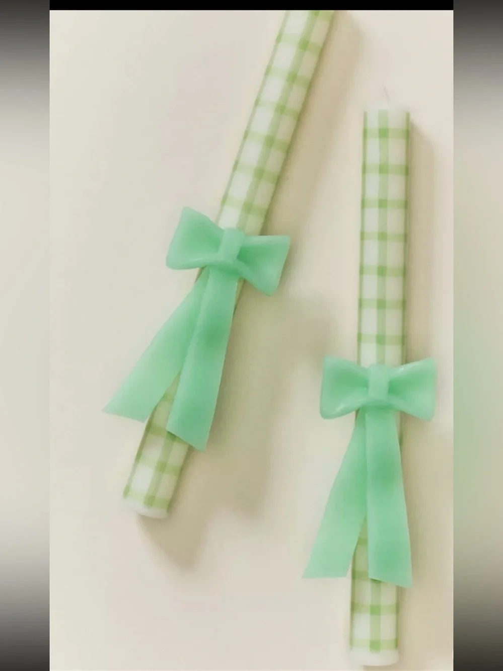 Gingham Green Plaid Taper Candles with Bows. Set of 2